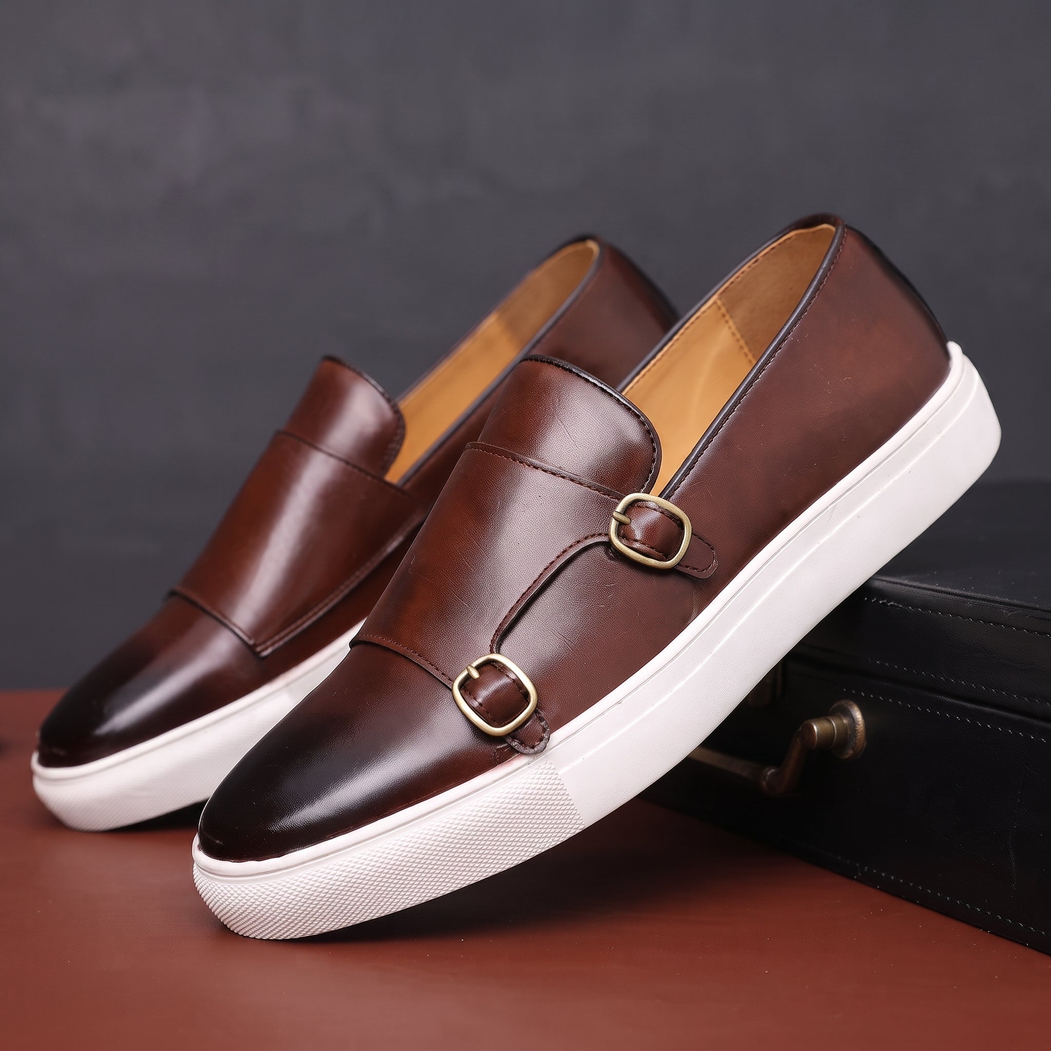 Oliver - Men's Smart Casual Double Monk Strap Loafers - Shoes men - Dark Brown - Davies & Cooper