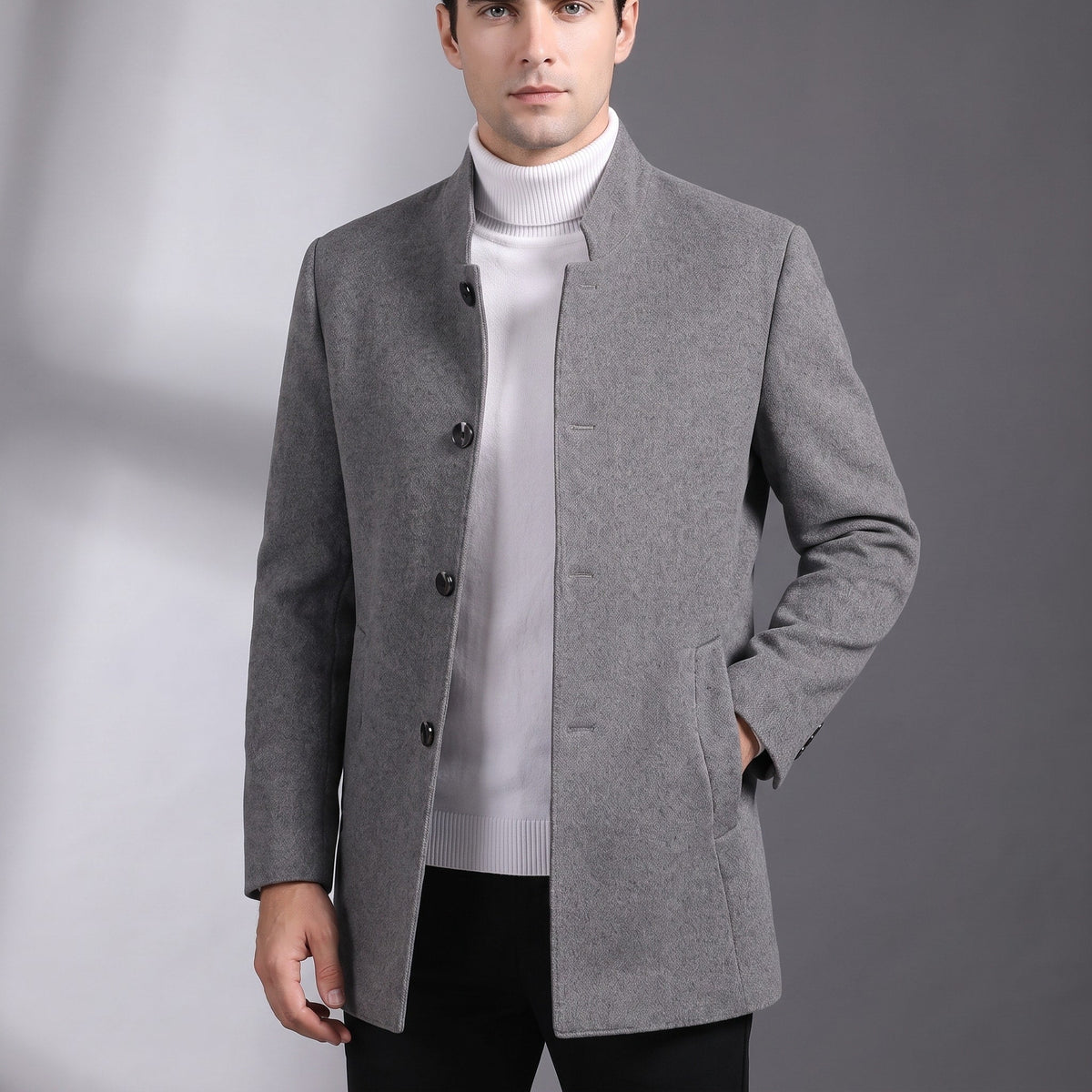 Oliver - Men's Stand Collar Wool Coat with Tartan Lining - Overcoats - Light Grey - Davies & Cooper