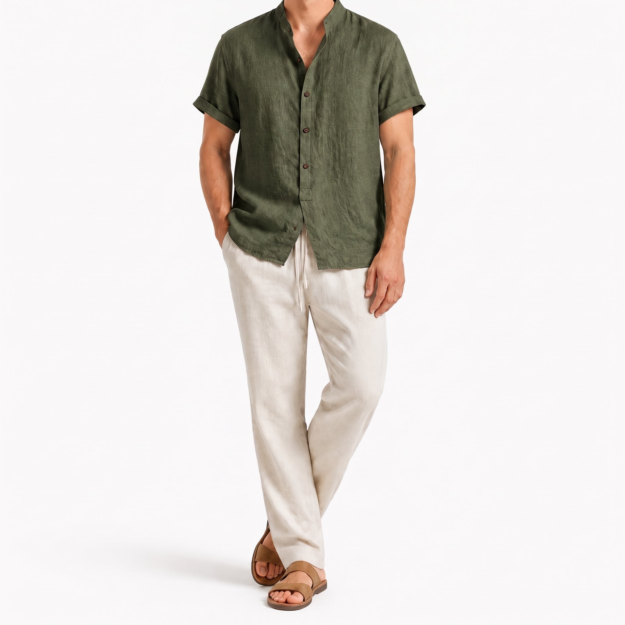 Oliver - Men's Summer Band Collar Shirt and Trouser Co-ord Set - Outfit Sets - Dark Green - Davies & Cooper
