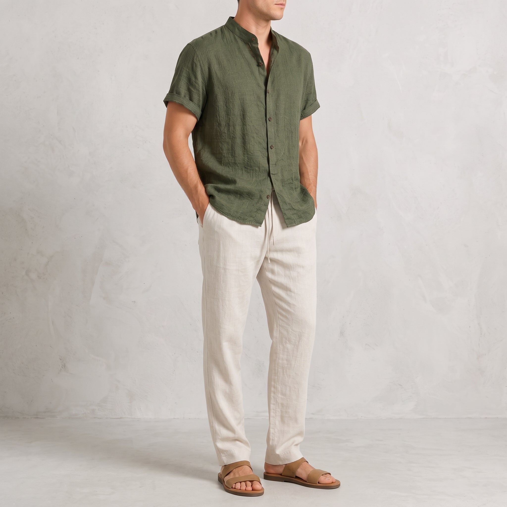 Oliver - Men's Summer Band Collar Shirt and Trouser Co-ord Set - Outfit Sets - Dark Green - Davies & Cooper