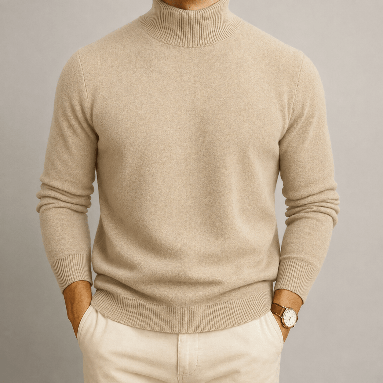 Oliver - Men's Turtleneck Jumper with Ribbed Trim - Sweaters - Beige - Davies & Cooper