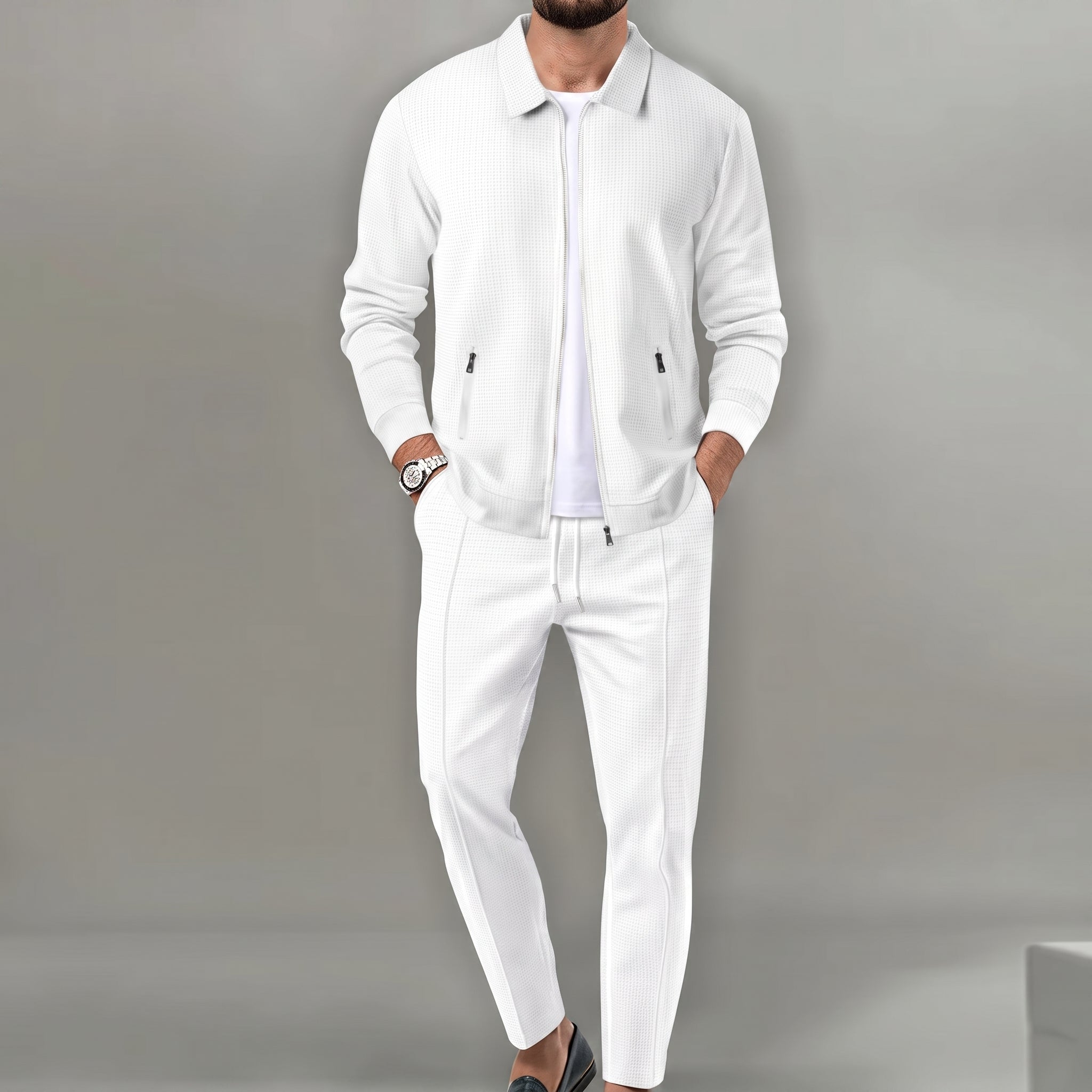 Oliver - Men's Two-Piece Zip-Up Jacket Trouser Set - Outfit Sets - White - Davies & Cooper