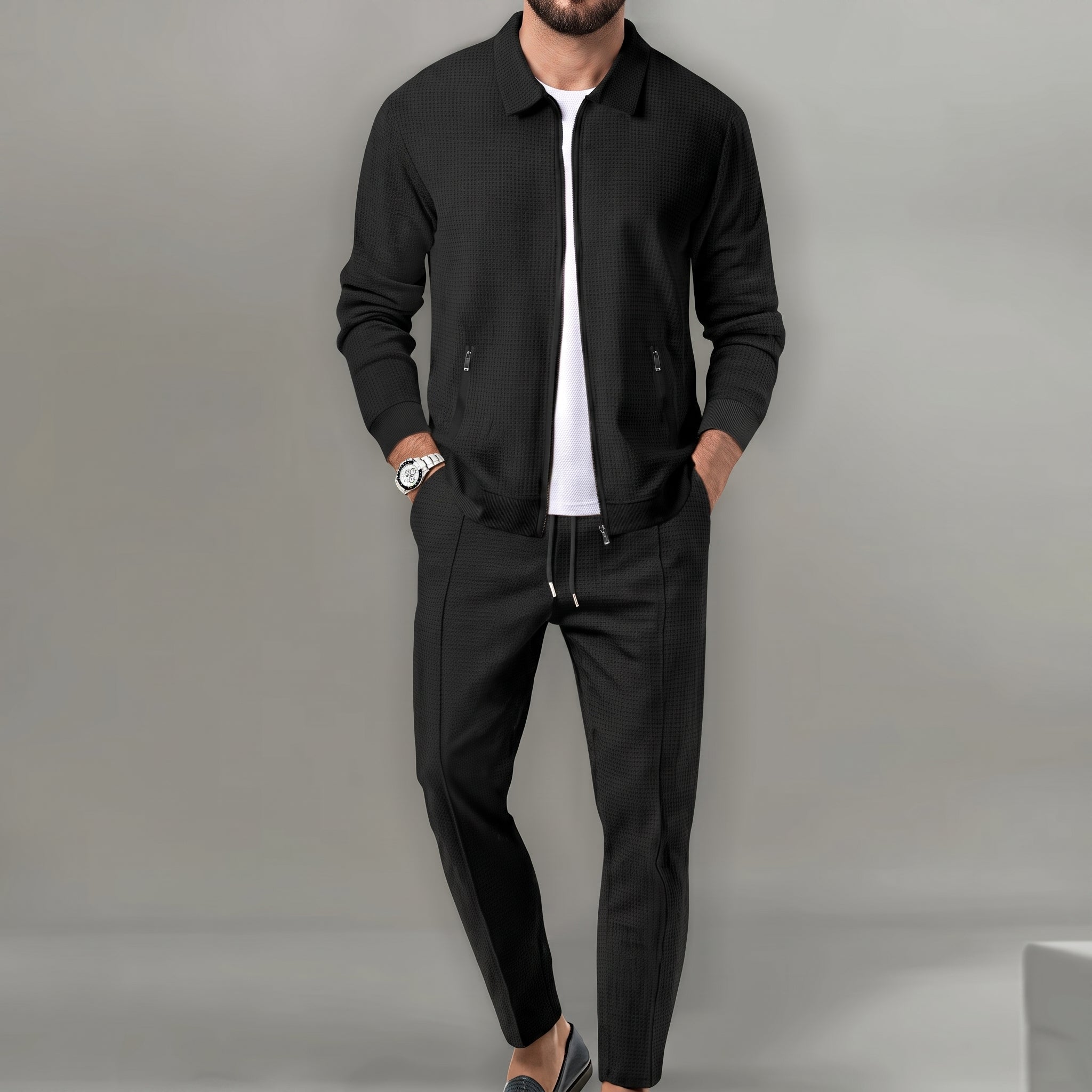 Oliver - Men's Two-Piece Zip-Up Jacket Trouser Set - Outfit Sets - Black - Davies & Cooper