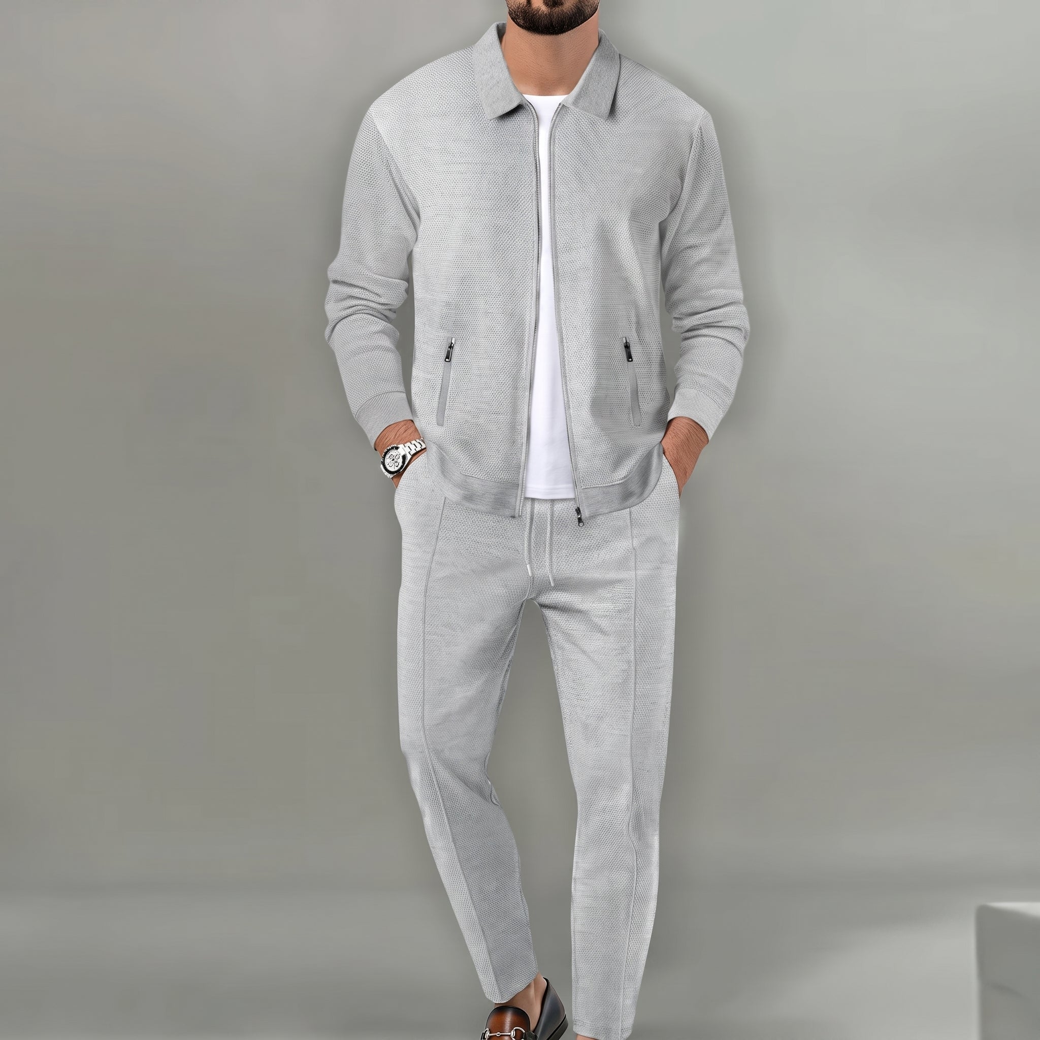 Oliver - Men's Two-Piece Zip-Up Jacket Trouser Set - Outfit Sets - Grey - Davies & Cooper