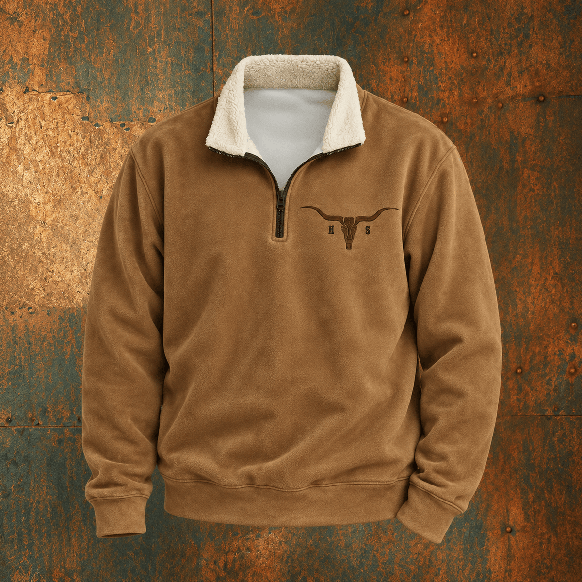 Oliver - Men's Western Quarter-Zip Fleece Pullover with Sherpa Collar - Sweatshirts - Khaki - Davies & Cooper