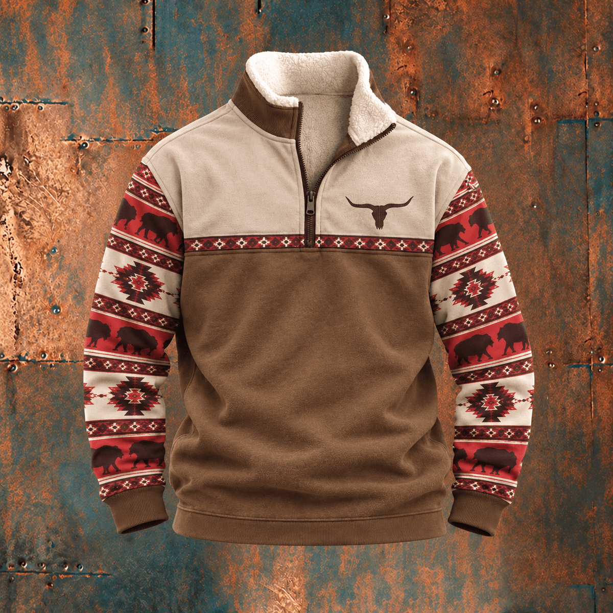 Oliver - Men's Western Quarter-Zip Fleece Pullover with Sherpa Collar - Sweatshirts - Brown - Davies & Cooper