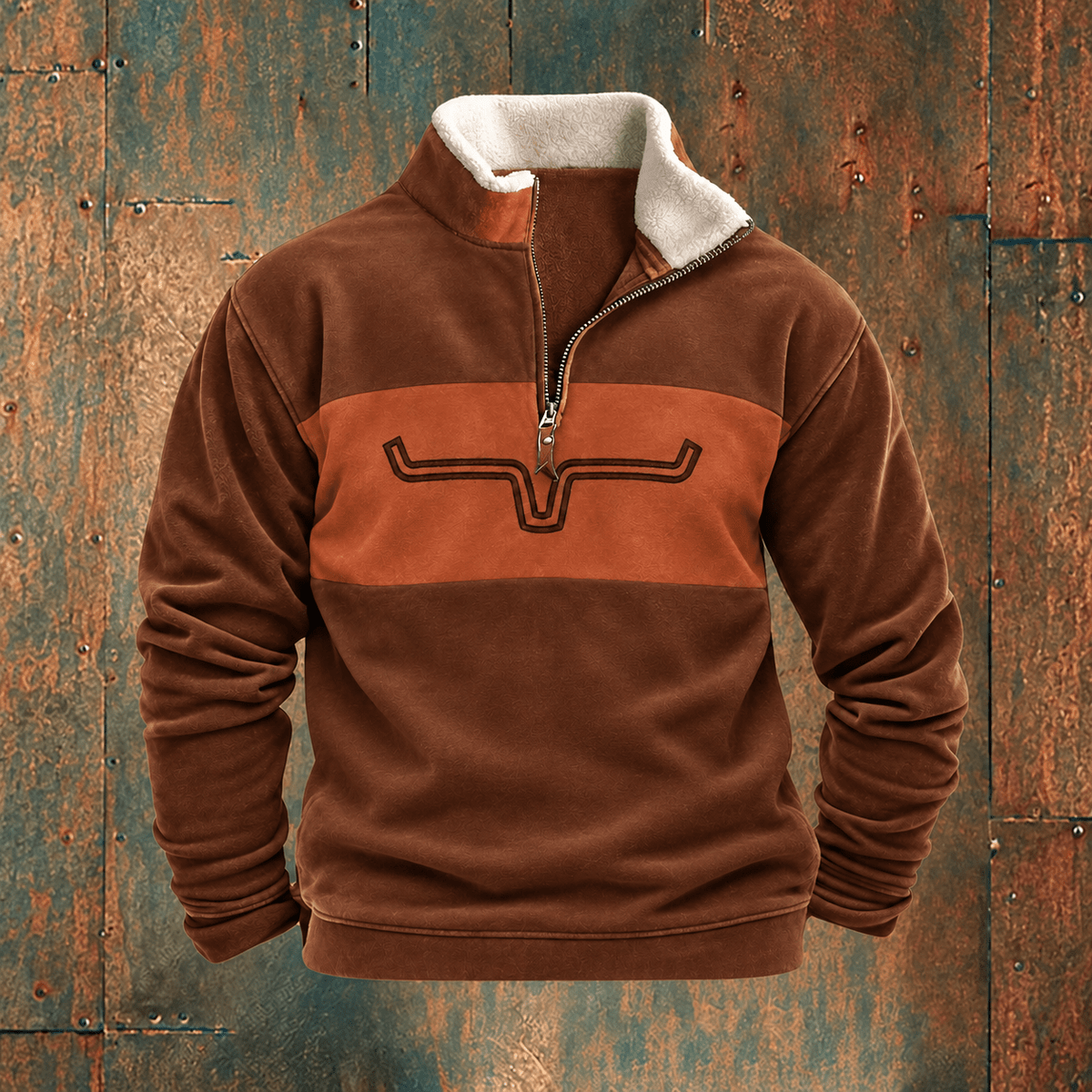 Oliver - Men's Western Quarter-Zip Fleece Pullover with Sherpa Collar - Sweatshirts - Orange - Davies & Cooper