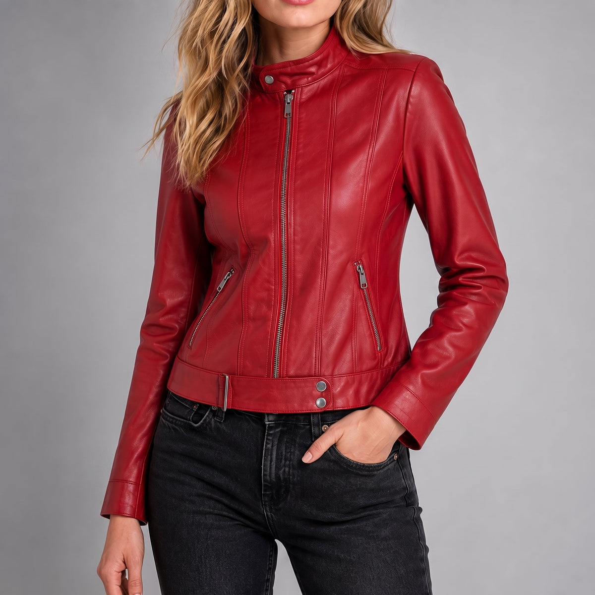 Olivia - omen's Slim Fit Transitional Jacket with Snap Collar - Jackets - Red - Davies & Cooper