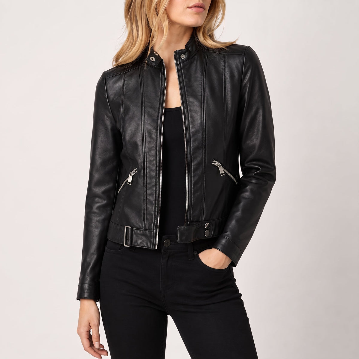 Olivia - omen's Slim Fit Transitional Jacket with Snap Collar - Jackets - Black - Davies & Cooper