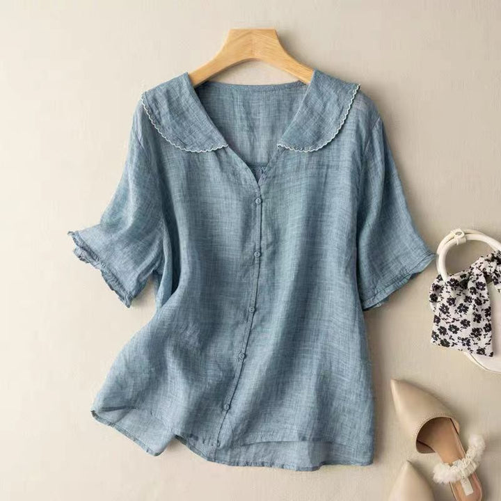 Olivia - Women's Casual Peter Pan Collar Blouse - Blouse - Blue - Davies & Cooper