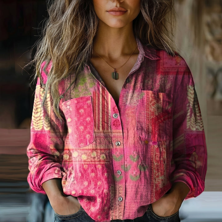 Olivia - Women's Casual Printed Button - Down Shirt - Blouse - Pink - Davies & Cooper