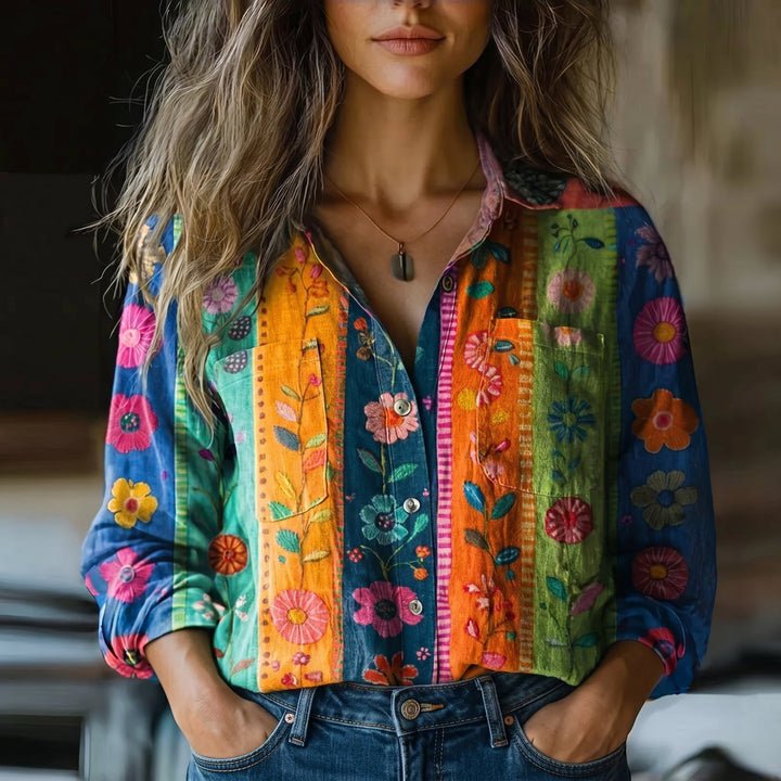 Olivia - Women's Casual Printed Button - Down Shirt - Blouse - Orange - Davies & Cooper