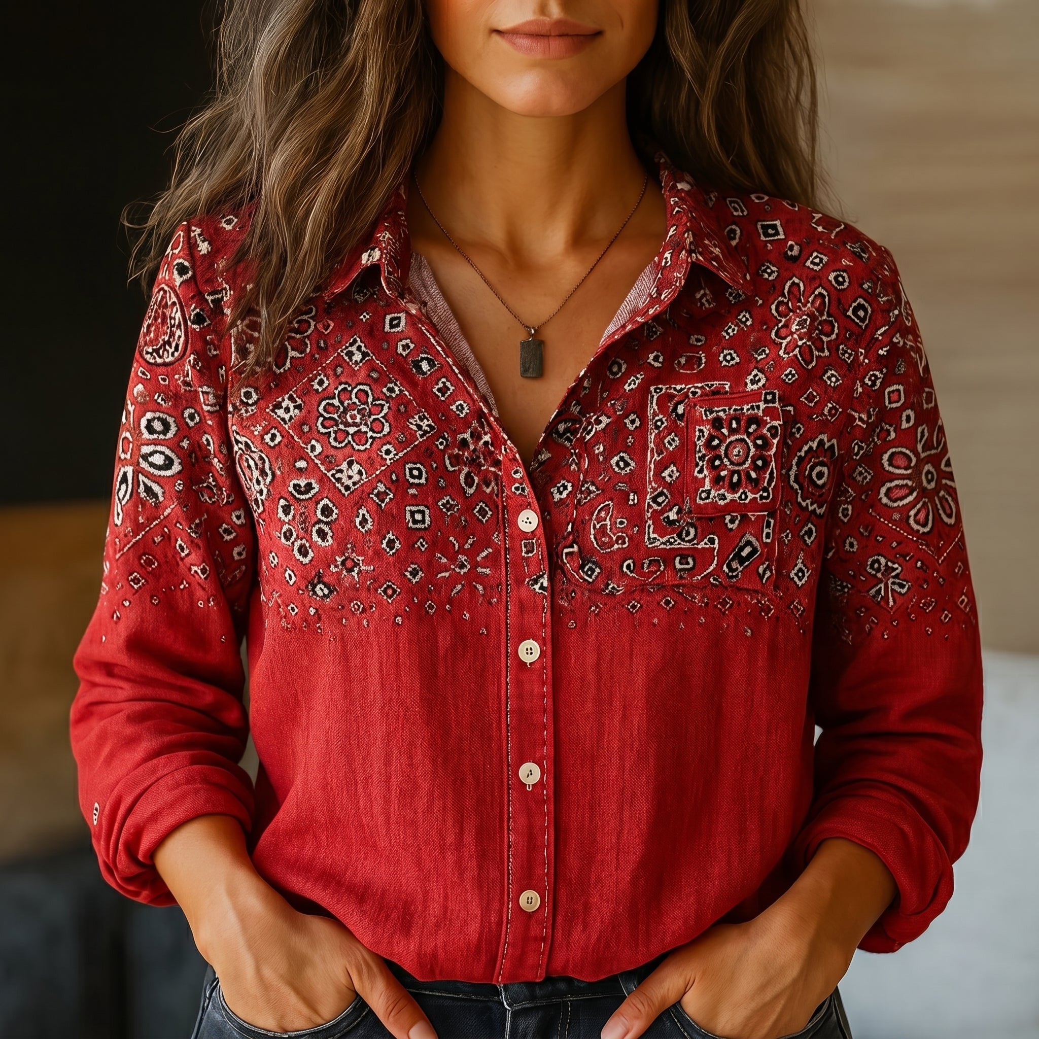 Olivia - Women's Casual Printed Button - Down Shirt - Blouse - Red - Davies & Cooper