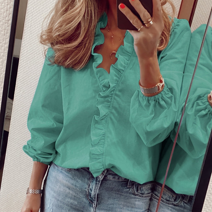 Olivia - Women's Casual Ruffle Trim Button - Down Blouse - Blouse - Green - Davies & Cooper