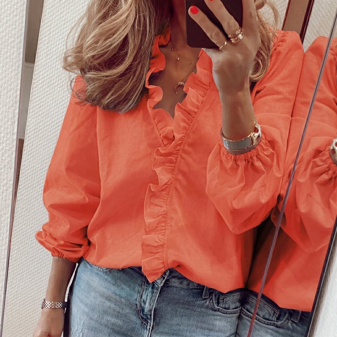Olivia - Women's Casual Ruffle Trim Button - Down Blouse - Blouse - Orange - Davies & Cooper