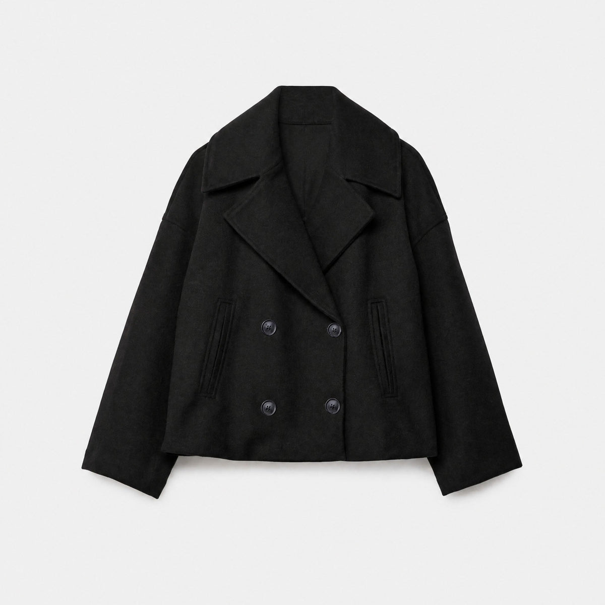 Olivia - Women's Double-Breasted Cropped Jacket with Notch Collar - Blazers - Black - Davies & Cooper
