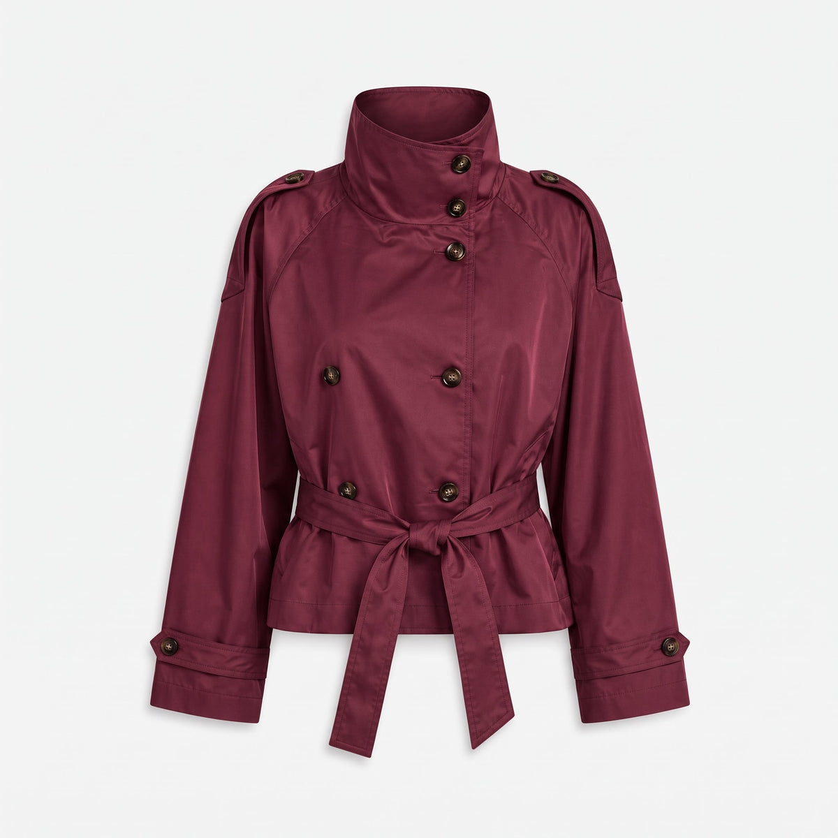 Olivia - Women's Double-Breasted Cropped Trench Jacket with Stand Collar - Trench Coats - Burgundy - Davies & Cooper