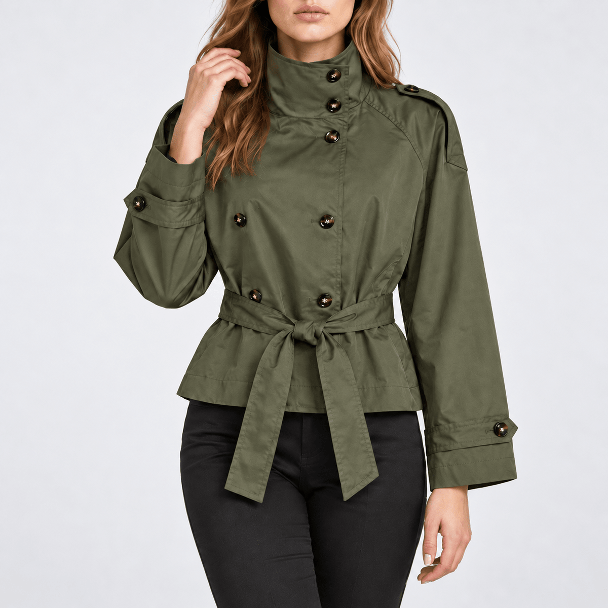 Olivia - Women's Double-Breasted Cropped Trench Jacket with Stand Collar - Trench Coats - Green - Davies & Cooper