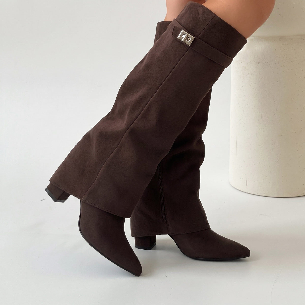 Olivia - Women's Fold-Over Pointed Toe Knee-High Boots with Buckle Strap - Boots - Brown - Davies & Cooper