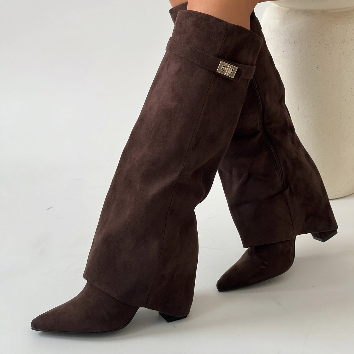 Olivia - Women's Fold-Over Pointed Toe Knee-High Boots with Buckle Strap - Boots - Brown - Davies & Cooper