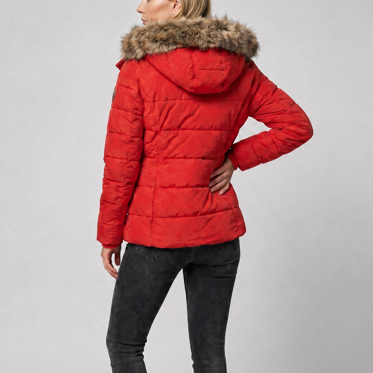 Olivia - Women's Hooded Faux Fur Trim Quilted Puffer Jacket with Zip Pockets - Puffer Jackets - Red - Davies & Cooper