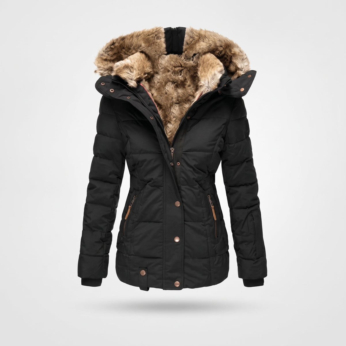 Olivia - Women's Hooded Faux Fur Trim Quilted Puffer Jacket with Zip Pockets - Puffer Jackets - Black - Davies & Cooper