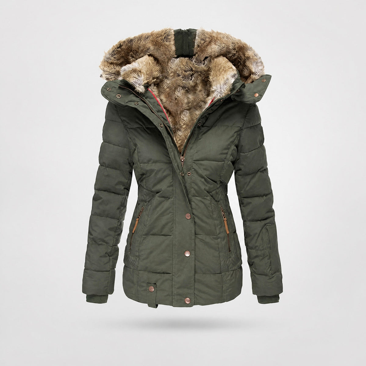 Olivia - Women's Hooded Faux Fur Trim Quilted Puffer Jacket with Zip Pockets - Puffer Jackets - Olive Green - Davies & Cooper
