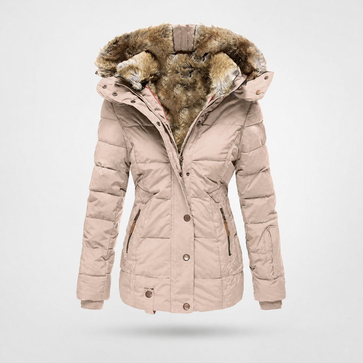 Olivia - Women's Hooded Faux Fur Trim Quilted Puffer Jacket with Zip Pockets - Puffer Jackets - Pink - Davies & Cooper