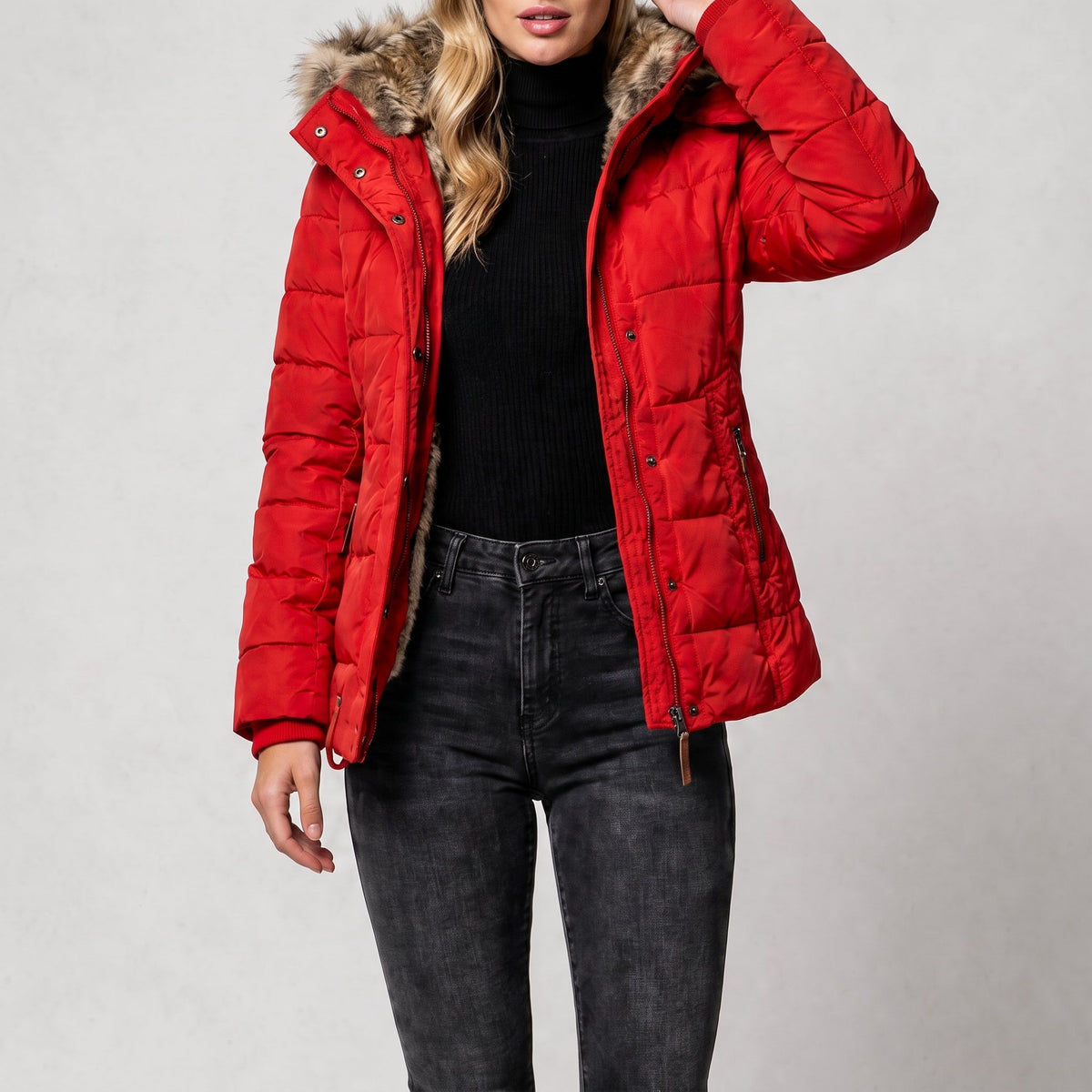 Olivia - Women's Hooded Faux Fur Trim Quilted Puffer Jacket with Zip Pockets - Puffer Jackets - Red - Davies & Cooper