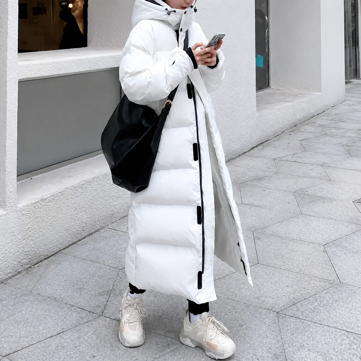 Olivia - Women's Hooded Longline Puffer Parka Jacket with Side Pockets - Coats & Jackets - White - Davies & Cooper