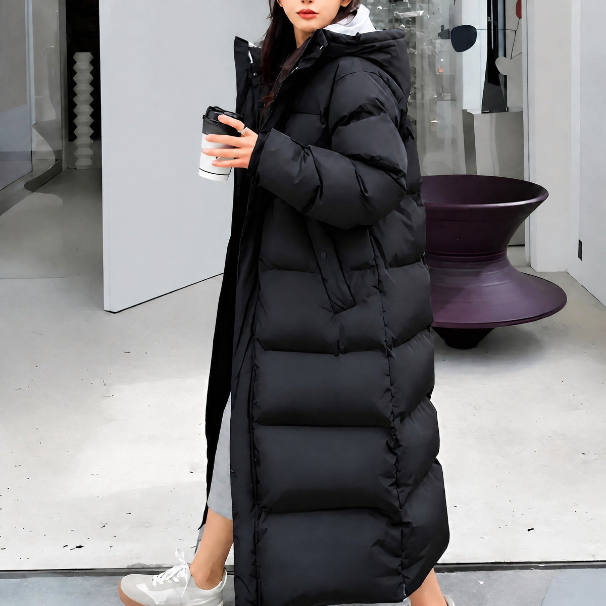 Olivia - Women's Hooded Longline Puffer Parka Jacket with Side Pockets - Coats & Jackets - Black - Davies & Cooper