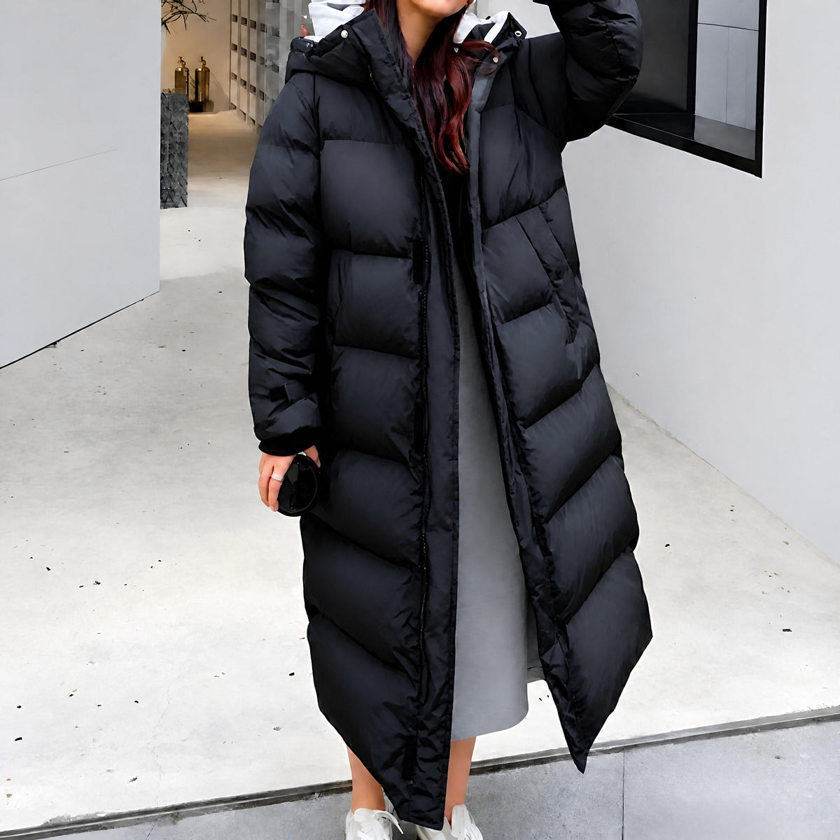 Olivia - Women's Hooded Longline Puffer Parka Jacket with Side Pockets - Coats & Jackets - Black - Davies & Cooper