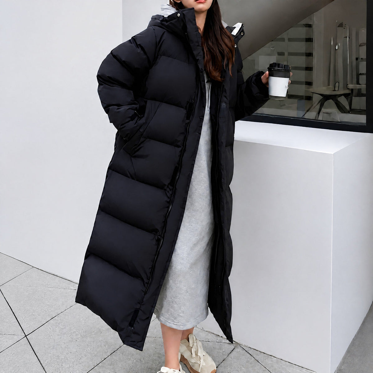 Olivia - Women's Hooded Longline Puffer Parka Jacket with Side Pockets - Coats & Jackets - Black - Davies & Cooper