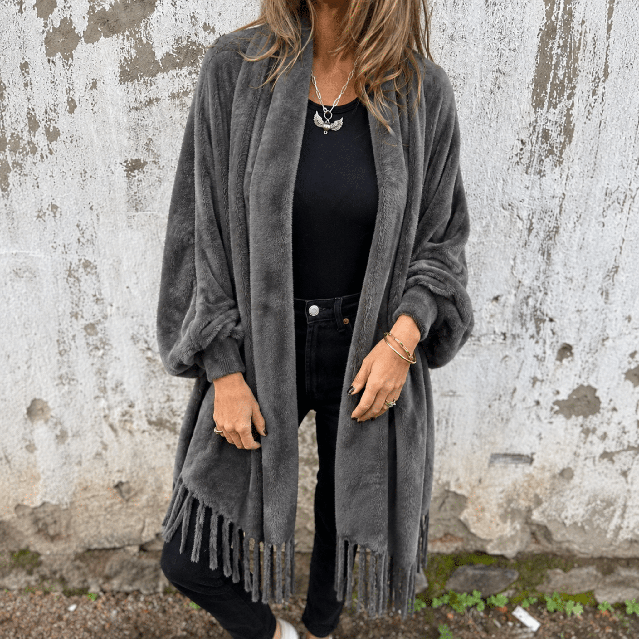 Olivia - Women's Oversized Open Cardigan with Fringe Hem Detail - Cardigans - Grey - Davies & Cooper