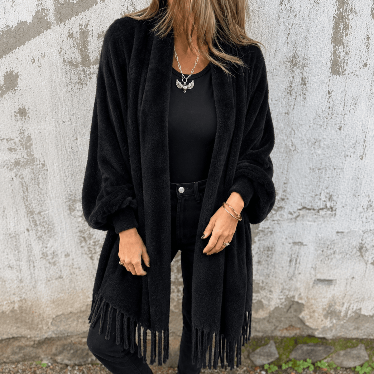 Olivia - Women's Oversized Open Cardigan with Fringe Hem Detail - Cardigans - Black - Davies & Cooper
