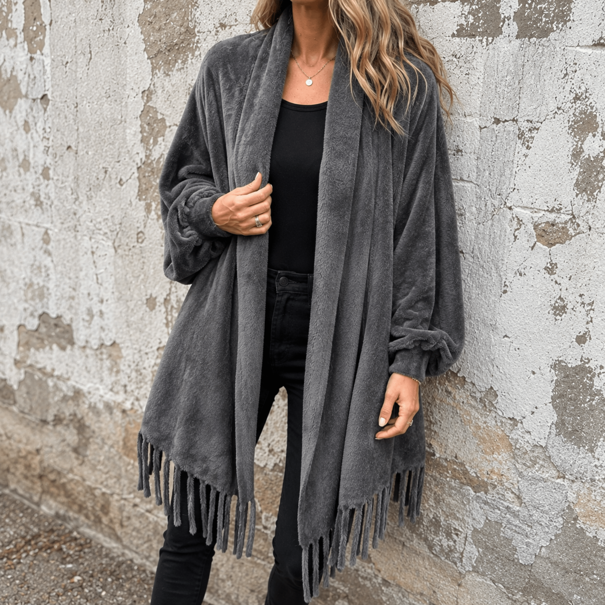 Olivia - Women's Oversized Open Cardigan with Fringe Hem Detail - Cardigans - Grey - Davies & Cooper