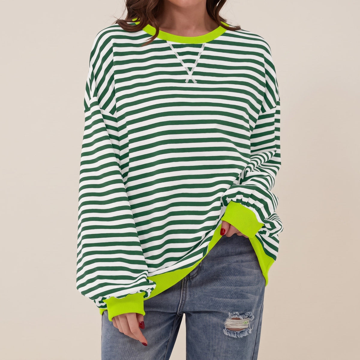 Olivia - Women's Oversized Striped Sweatshirt with Contrast Trim - Sweatshirts - Green - Davies & Cooper