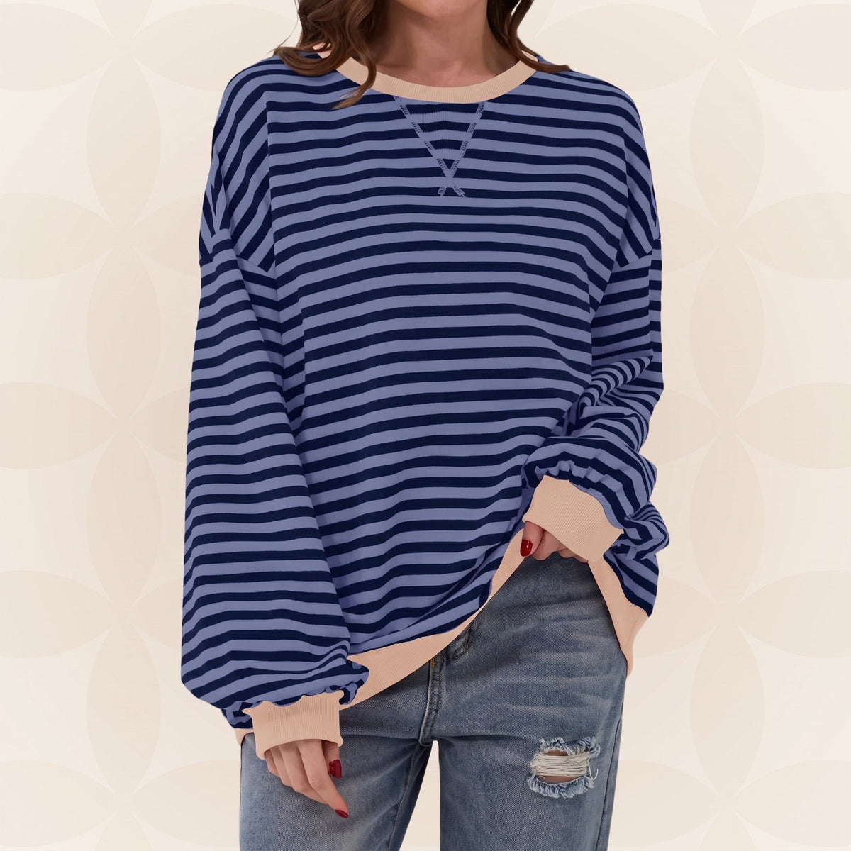 Olivia - Women's Oversized Striped Sweatshirt with Contrast Trim - Sweatshirts - Dark Blue - Davies & Cooper