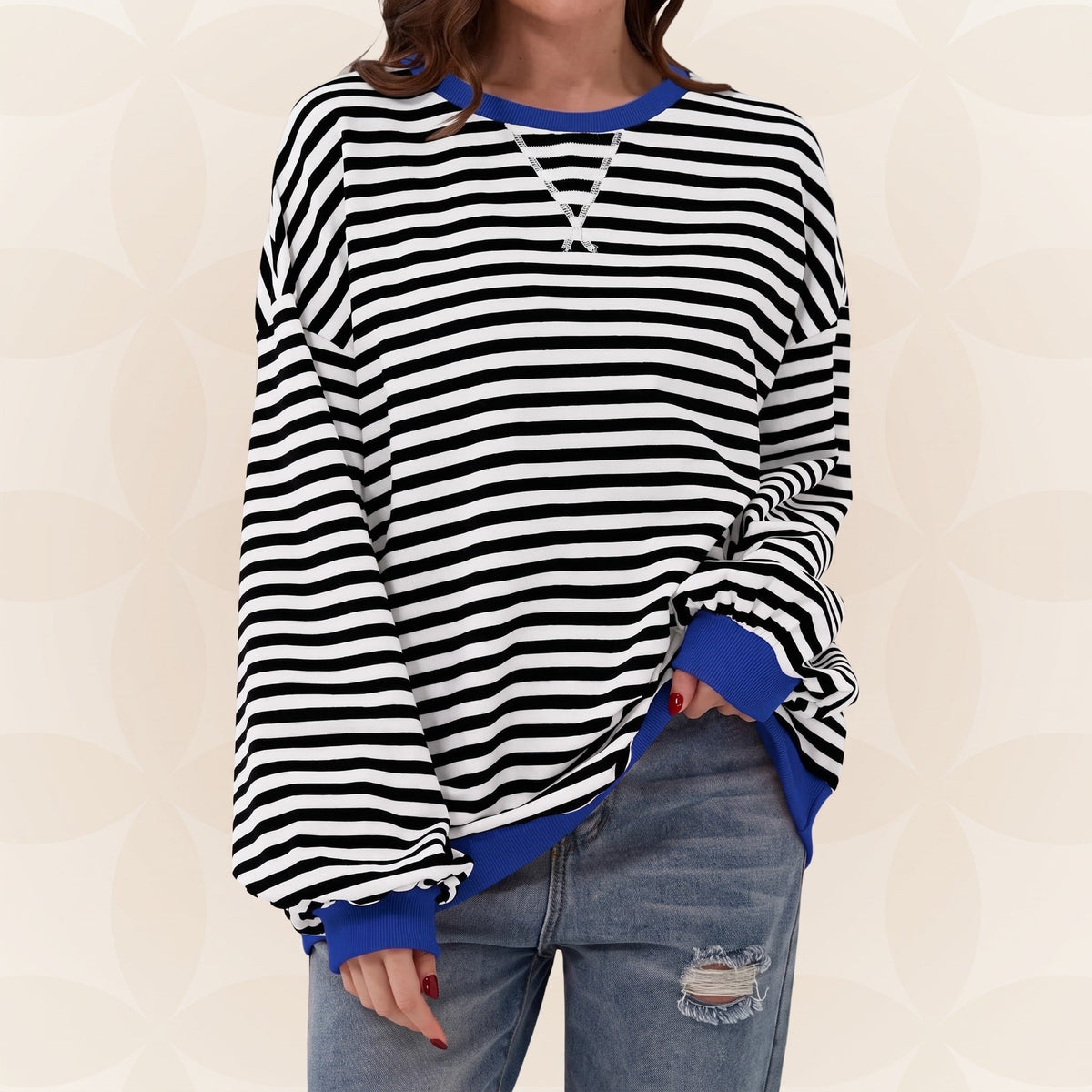 Olivia - Women's Oversized Striped Sweatshirt with Contrast Trim - Sweatshirts - Black - Davies & Cooper