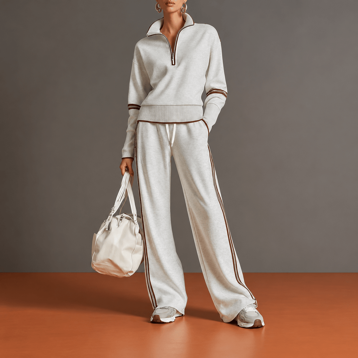 Olivia – Women’s Quarter-Zip Lounge Set with Collar and Striped Trim - Loungewear Sets - Gray - Davies & Cooper