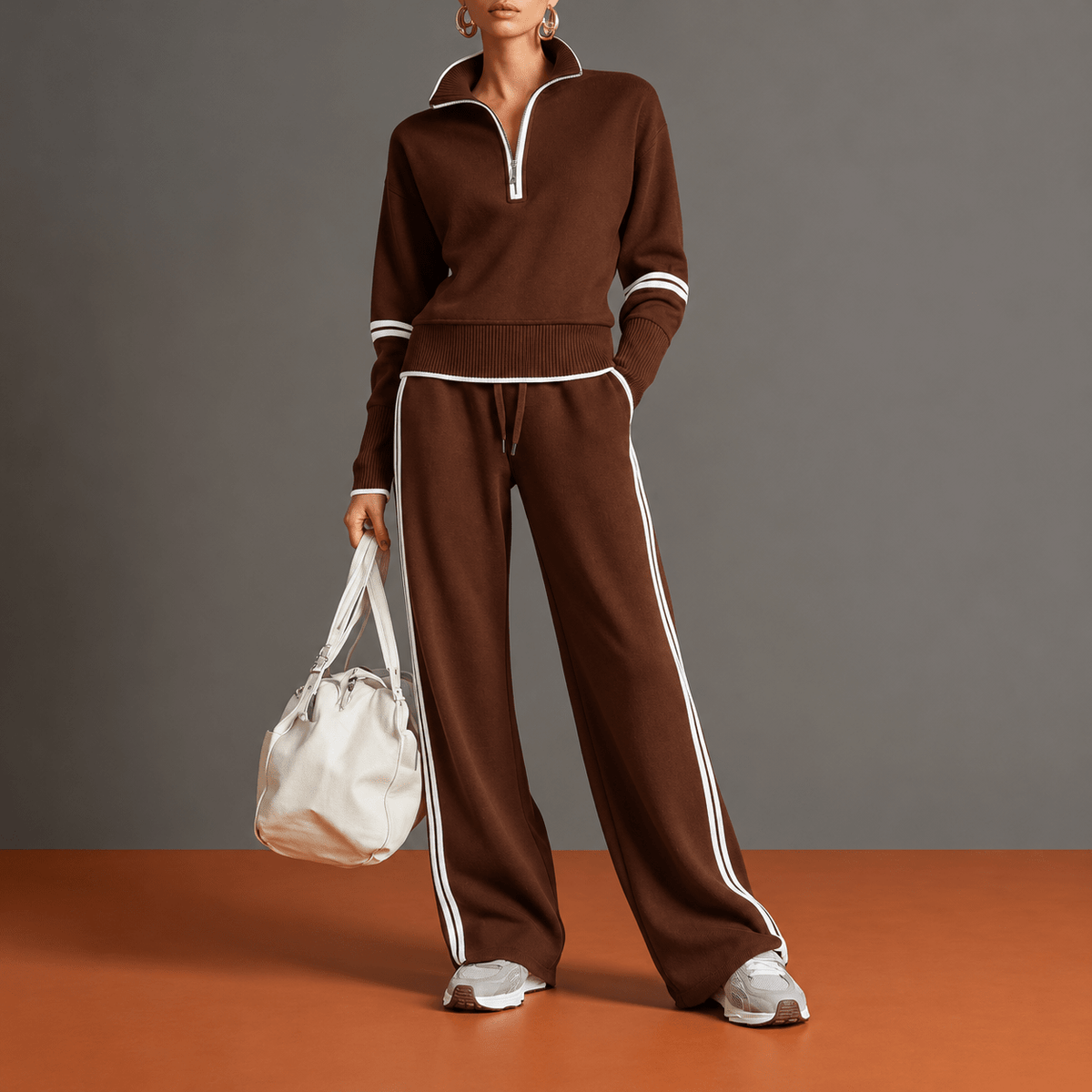Olivia – Women’s Quarter-Zip Lounge Set with Collar and Striped Trim - Loungewear Sets - Brown - Davies & Cooper