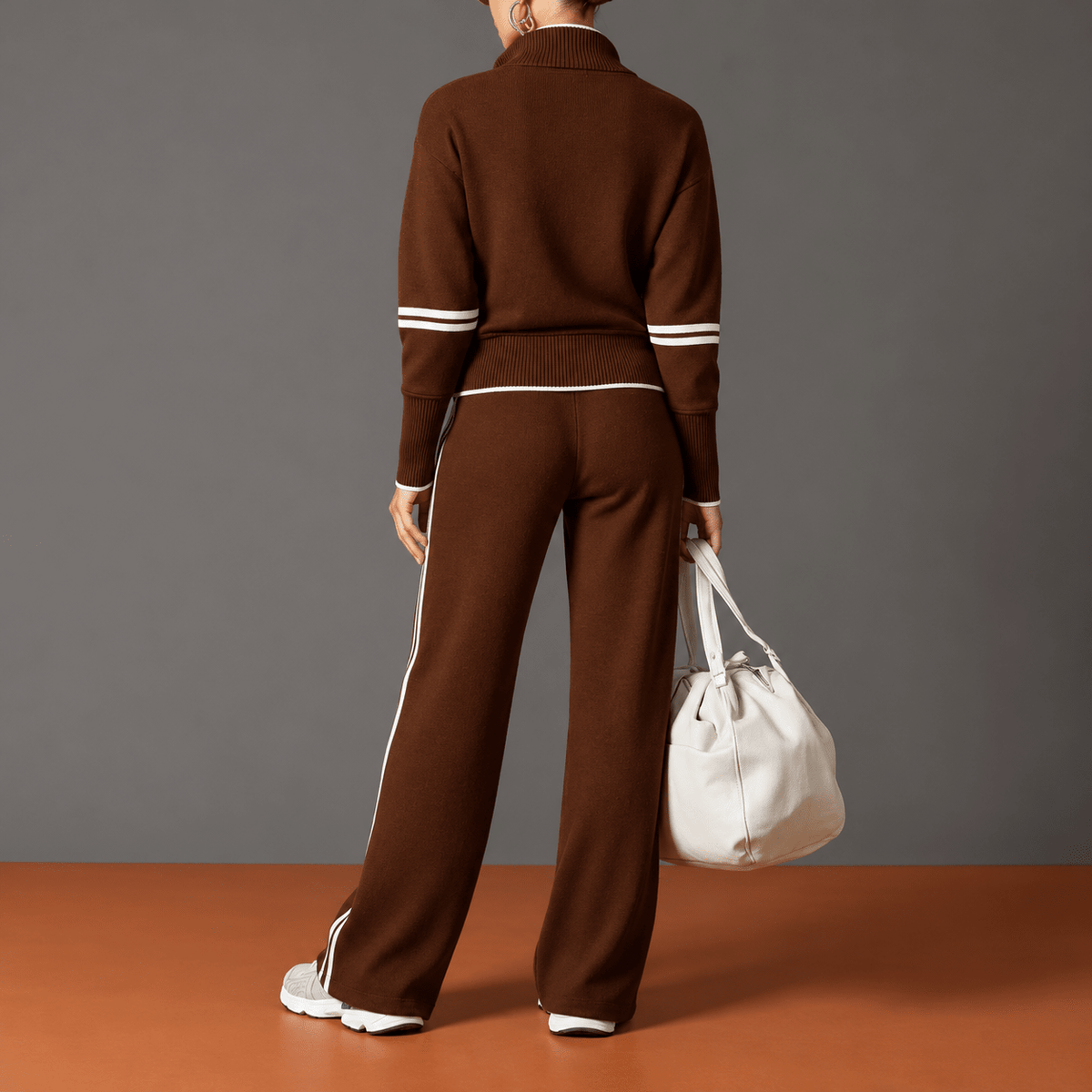 Olivia – Women’s Quarter-Zip Lounge Set with Collar and Striped Trim - Loungewear Sets - Brown - Davies & Cooper