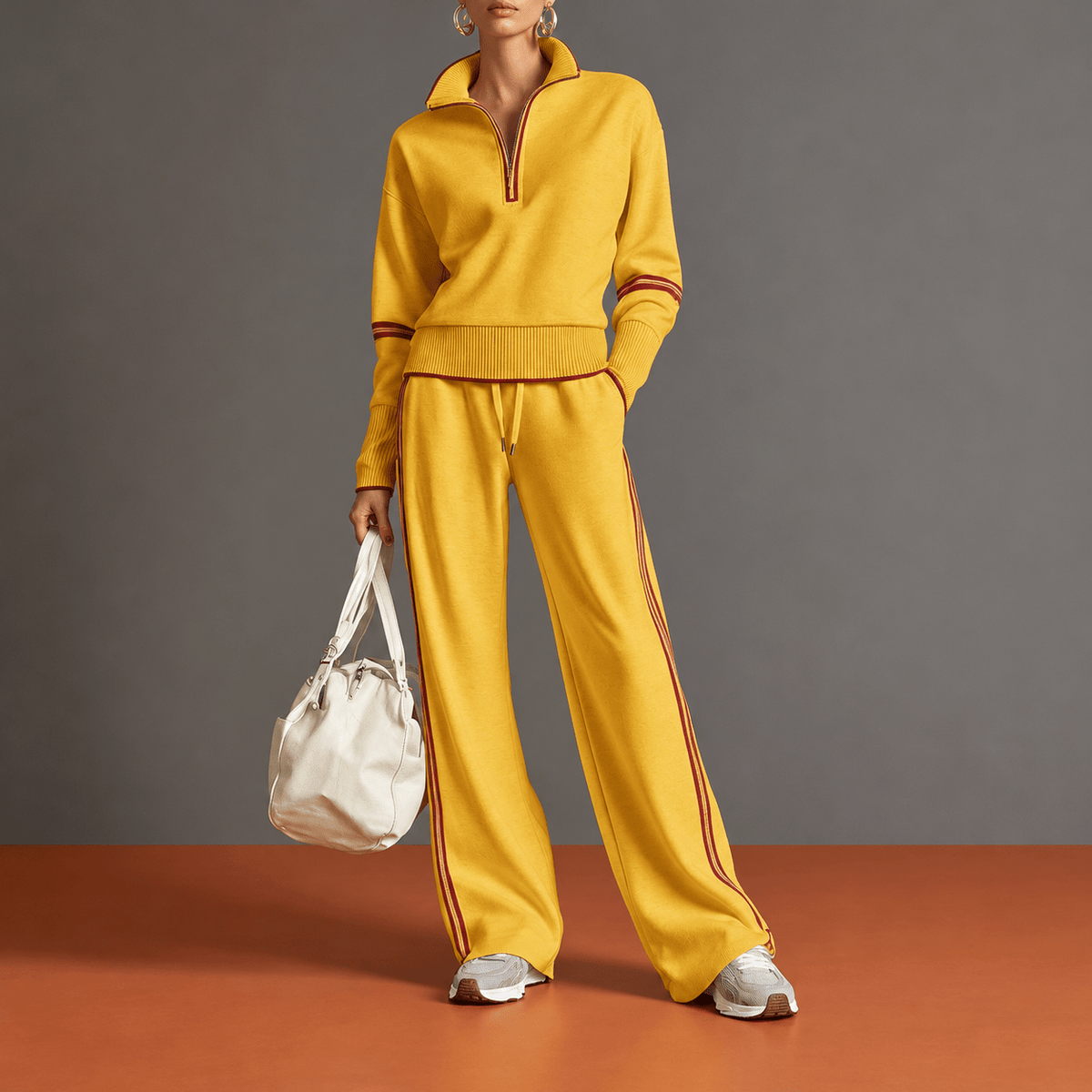 Olivia – Women’s Quarter-Zip Lounge Set with Collar and Striped Trim - Loungewear Sets - Yellow - Davies & Cooper