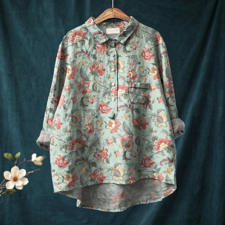 Olivia - Women's Relaxed Fit Floral Print Long Sleeve Shirt - Blouse - Green - Davies & Cooper