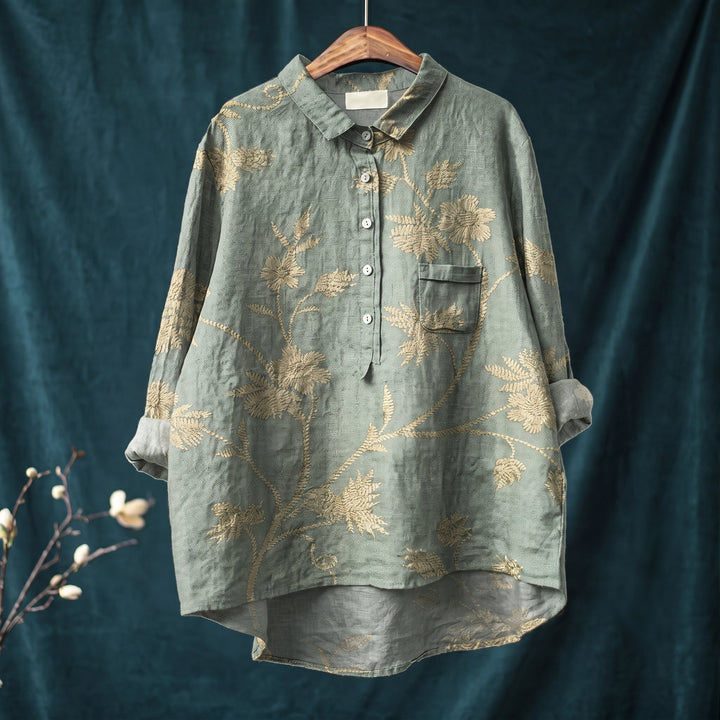 Olivia - Women's Relaxed Fit Floral Print Long Sleeve Shirt - Blouse - Olive Green - Davies & Cooper