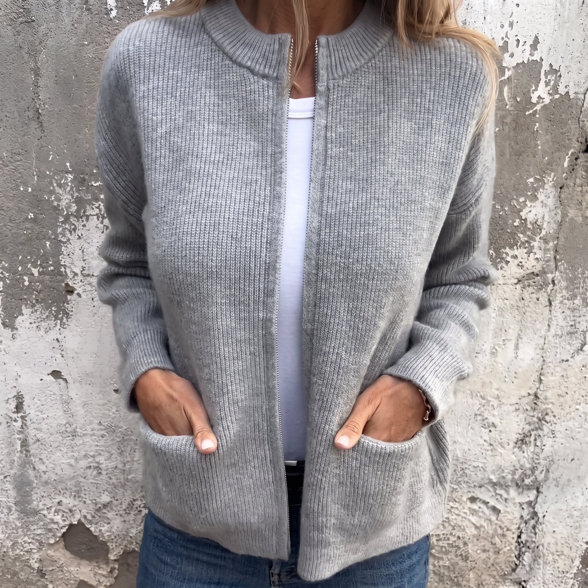 Olivia - Women's Relaxed Zip-Through Ribbed Cardigan - Cardigans - Grey - Davies & Cooper