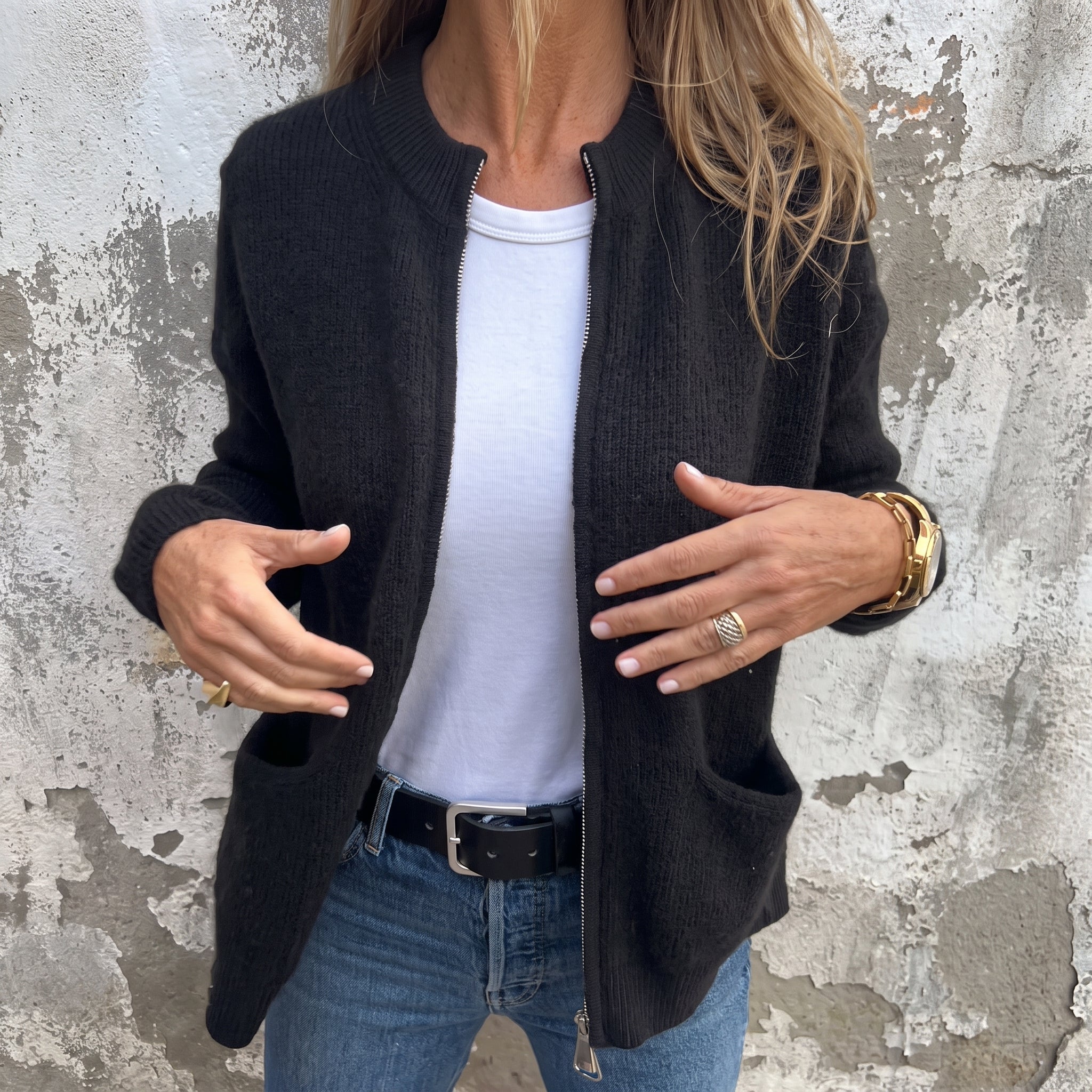 Olivia - Women's Relaxed Zip-Through Ribbed Cardigan - Cardigans - Black - Davies & Cooper