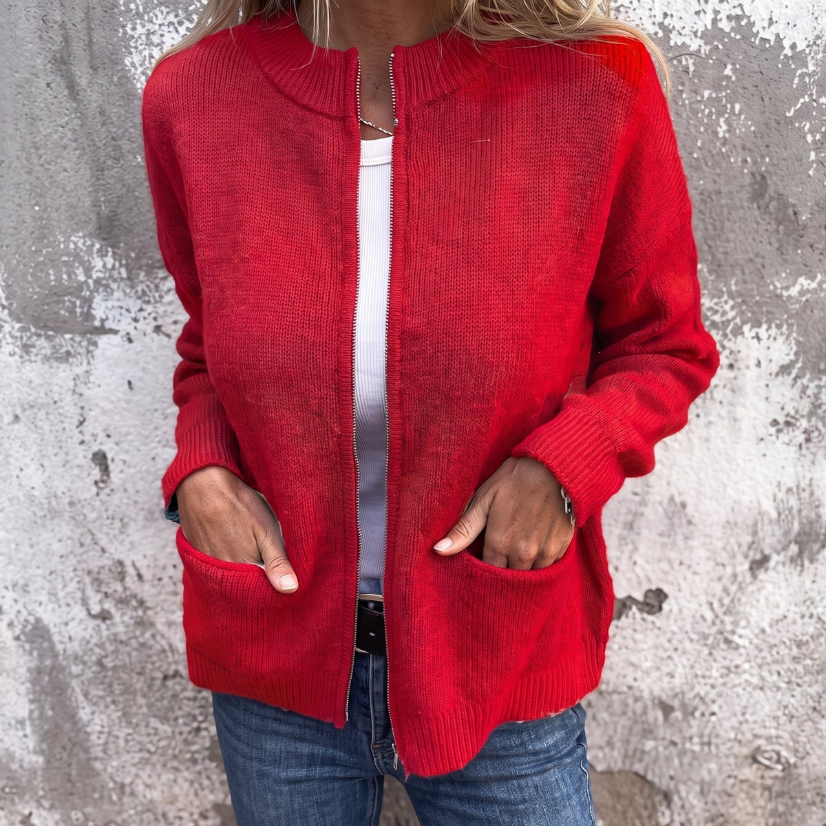 Olivia - Women's Relaxed Zip-Through Ribbed Cardigan - Cardigans - Red - Davies & Cooper