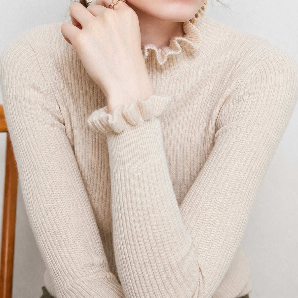 Olivia - Women's Ribbed Knit Turtleneck Jumper with Ruffled Collar and Cuffs - Sweaters - Beige - Davies & Cooper