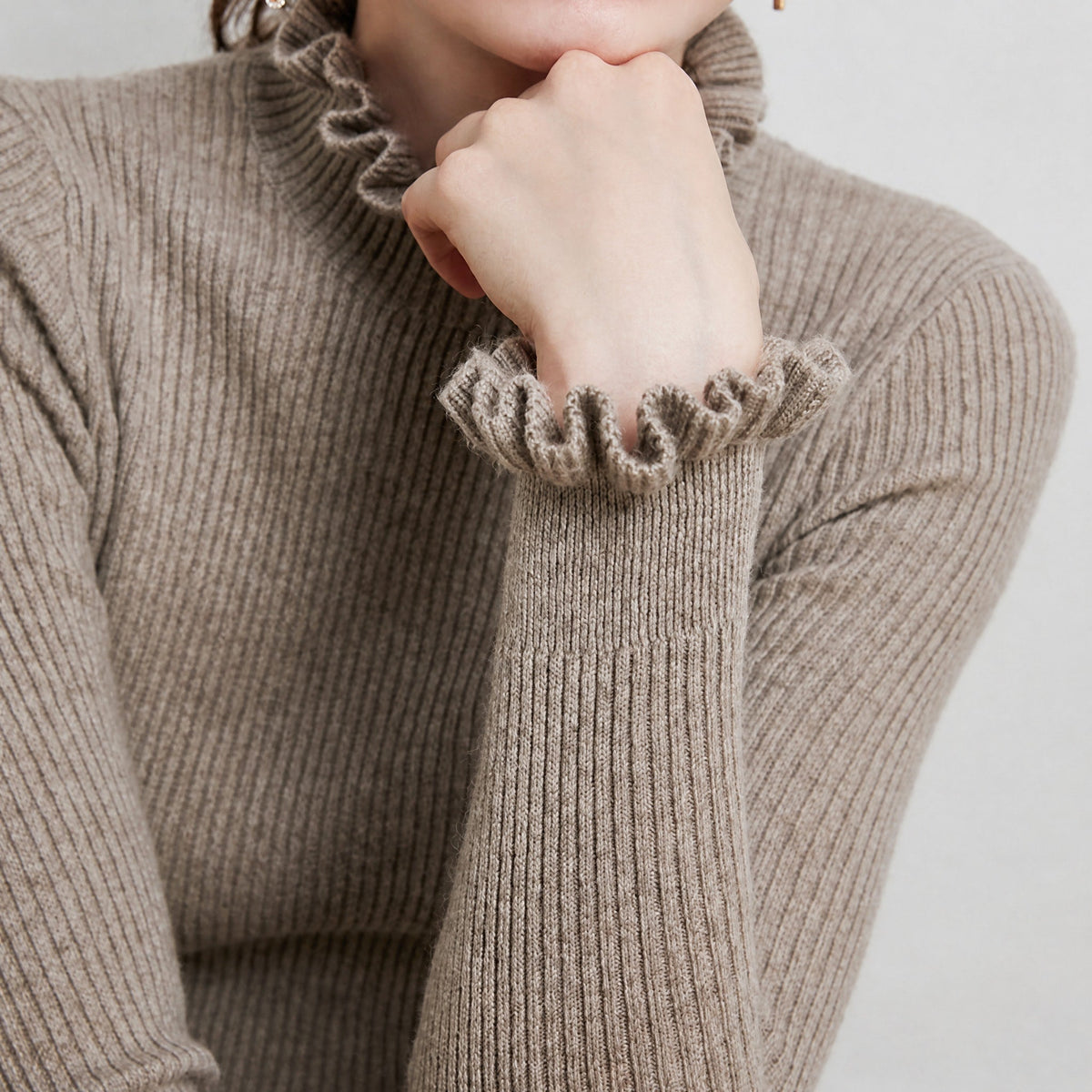 Olivia - Women's Ribbed Knit Turtleneck Jumper with Ruffled Collar and Cuffs - Sweaters - Light Brown - Davies & Cooper